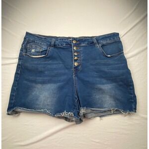 BLEU High Waisted Button Fly Denim Shorts Blue Raw Hem Size 16